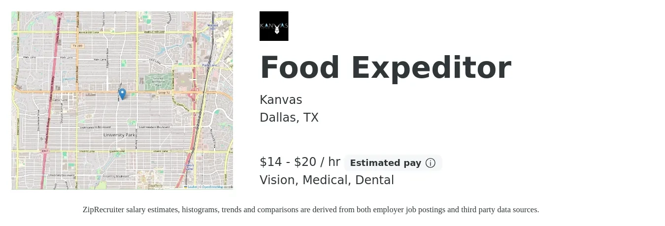 Kanvas job posting for a Food Expeditor in Dallas, TX with a salary of $15 to $21 Hourly and benefits including medical, vision, and dental with a map of Dallas location.