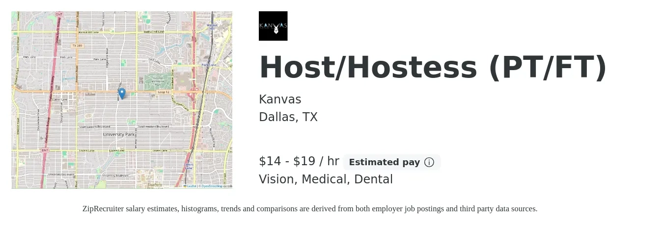 Kanvas job posting for a Host/Hostess (PT/FT) in Dallas, TX with a salary of $15 to $20 Hourly and benefits including dental, medical, and vision with a map of Dallas location.