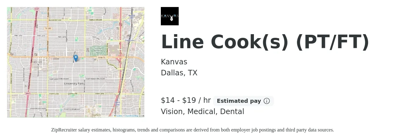 Kanvas job posting for a Line Cook(s) (PT/FT) in Dallas, TX with a salary of $15 to $20 Hourly and benefits including medical, vision, and dental with a map of Dallas location.