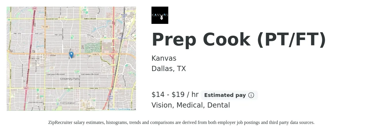 Kanvas job posting for a Prep Cook (PT/FT) in Dallas, TX with a salary of $15 to $20 Hourly and benefits including dental, medical, and vision with a map of Dallas location.
