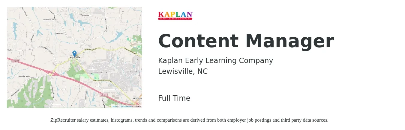 Kaplan Early Learning Company job posting for a Content Manager in Lewisville, NC with a salary of $25 to $44 Hourly with a map of Lewisville location.