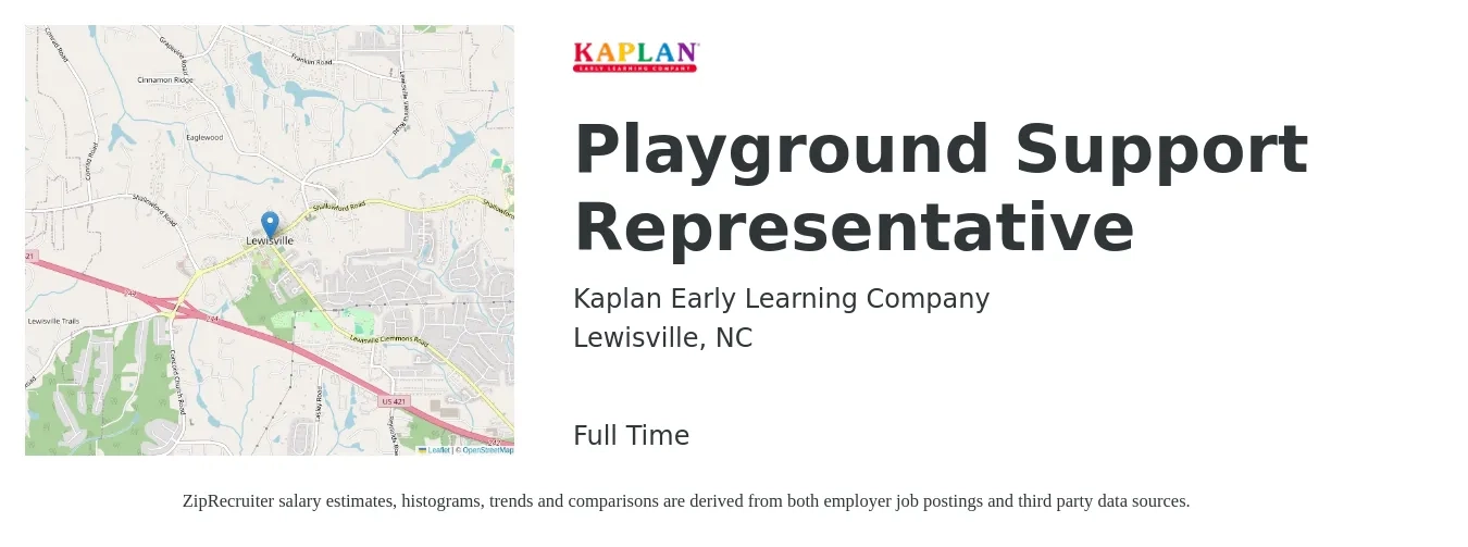Kaplan Early Learning Company job posting for a Playground Support Representative in Lewisville, NC with a salary of $16 to $20 Hourly with a map of Lewisville location.