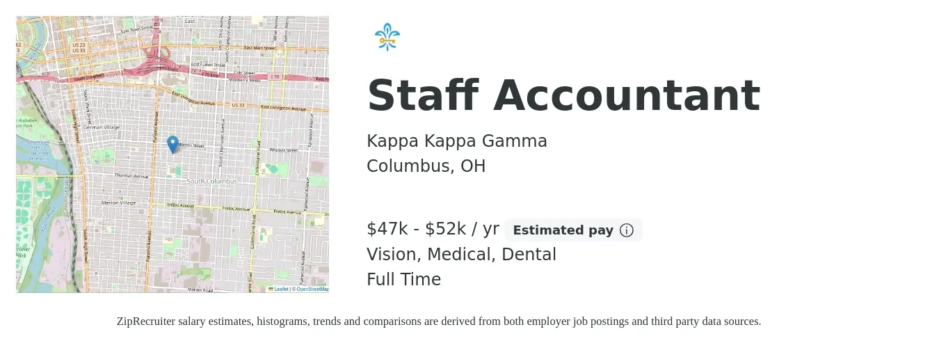 Kappa Kappa Gamma job posting for a Staff Accountant in Columbus, OH with a salary of $47,000 to $52,000 Yearly and benefits including medical, pto, retirement, vision, dental, and life_insurance with a map of Columbus location.