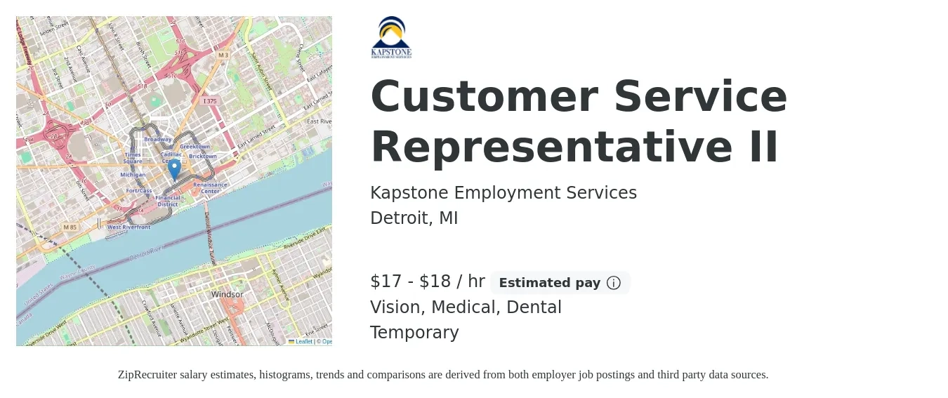 Kapstone Employment Services job posting for a Customer Service Representative II in Detroit, MI with a salary of $18 to $19 Hourly and benefits including dental, medical, and vision with a map of Detroit location.