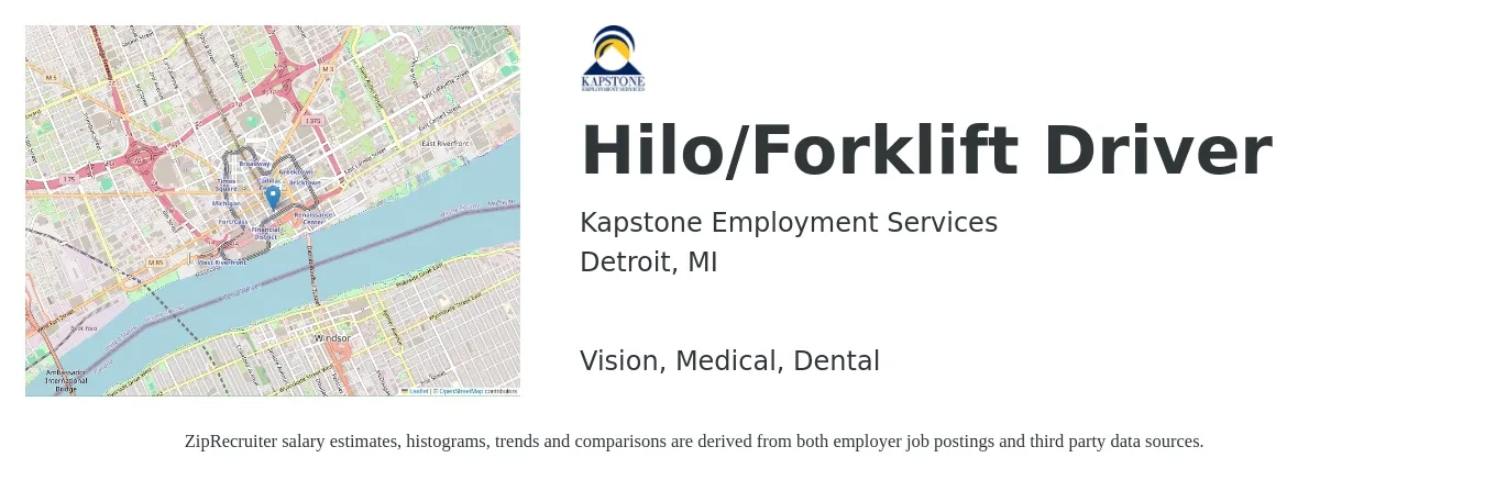 Kapstone Employment Services job posting for a Hilo/Forklift Driver in Detroit, MI with a salary of $17 to $20 Hourly and benefits including dental, medical, and vision with a map of Detroit location.