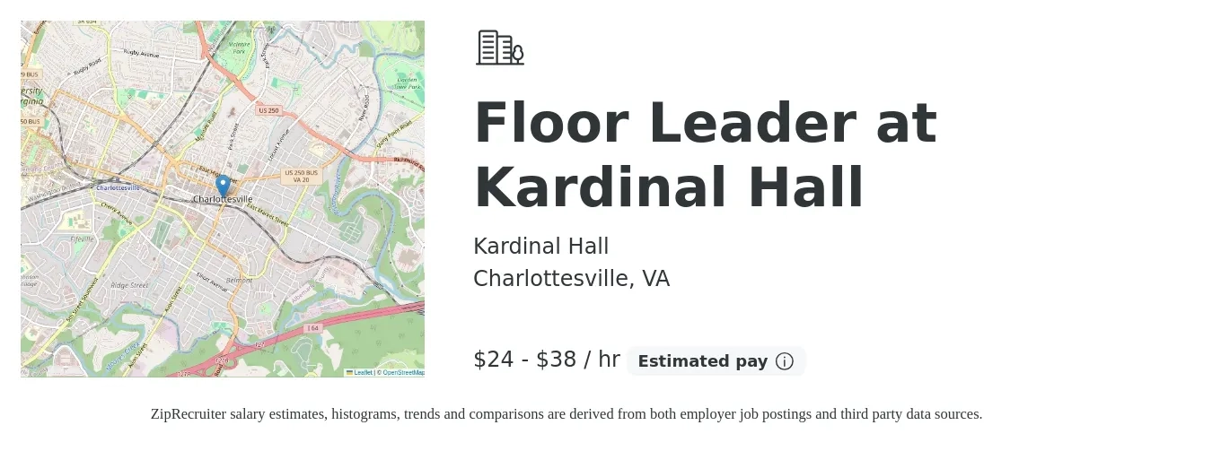 Kardinal Hall job posting for a Floor Leader at Kardinal Hall in Charlottesville, VA with a salary of $25 to $40 Hourly with a map of Charlottesville location.