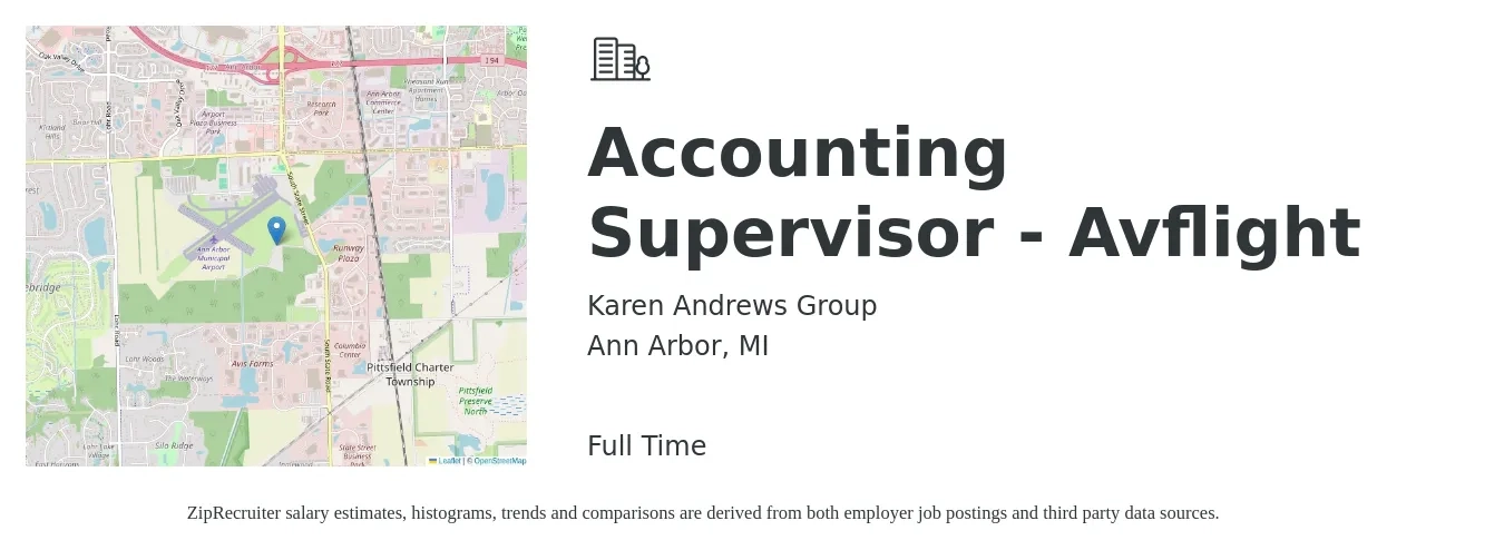 Karen Andrews Group job posting for a Accounting Supervisor - Avflight in Ann Arbor, MI with a salary of $77,500 to $111,300 Yearly with a map of Ann Arbor location.