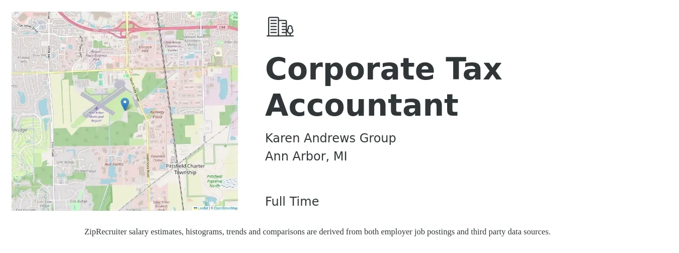 Karen Andrews Group job posting for a Corporate Tax Accountant in Ann Arbor, MI with a salary of $65,100 to $93,400 Yearly with a map of Ann Arbor location.