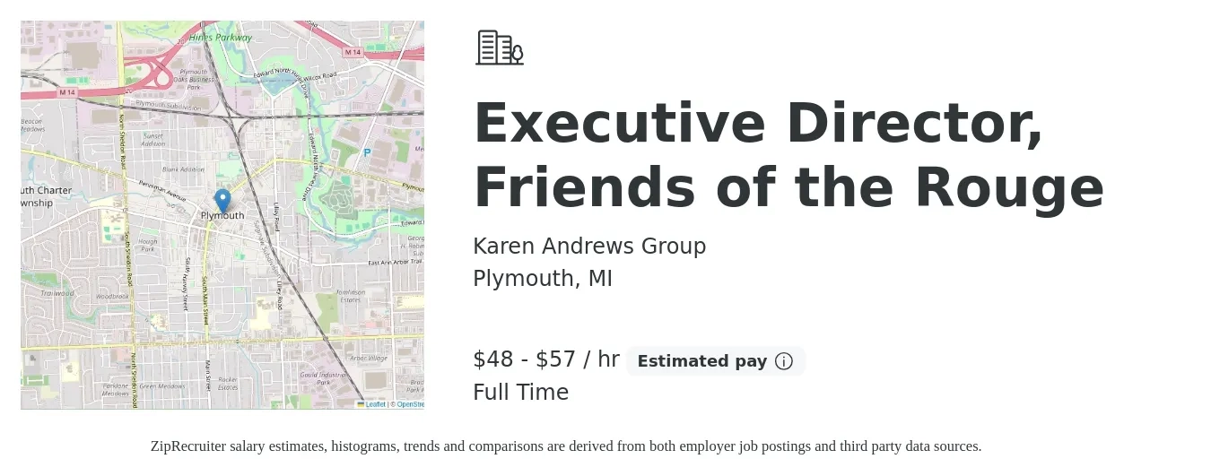 Karen Andrews Group job posting for a Executive Director, Friends of the Rouge in Plymouth, MI with a salary of $105,000 to $125,000 Yearly with a map of Plymouth location.
