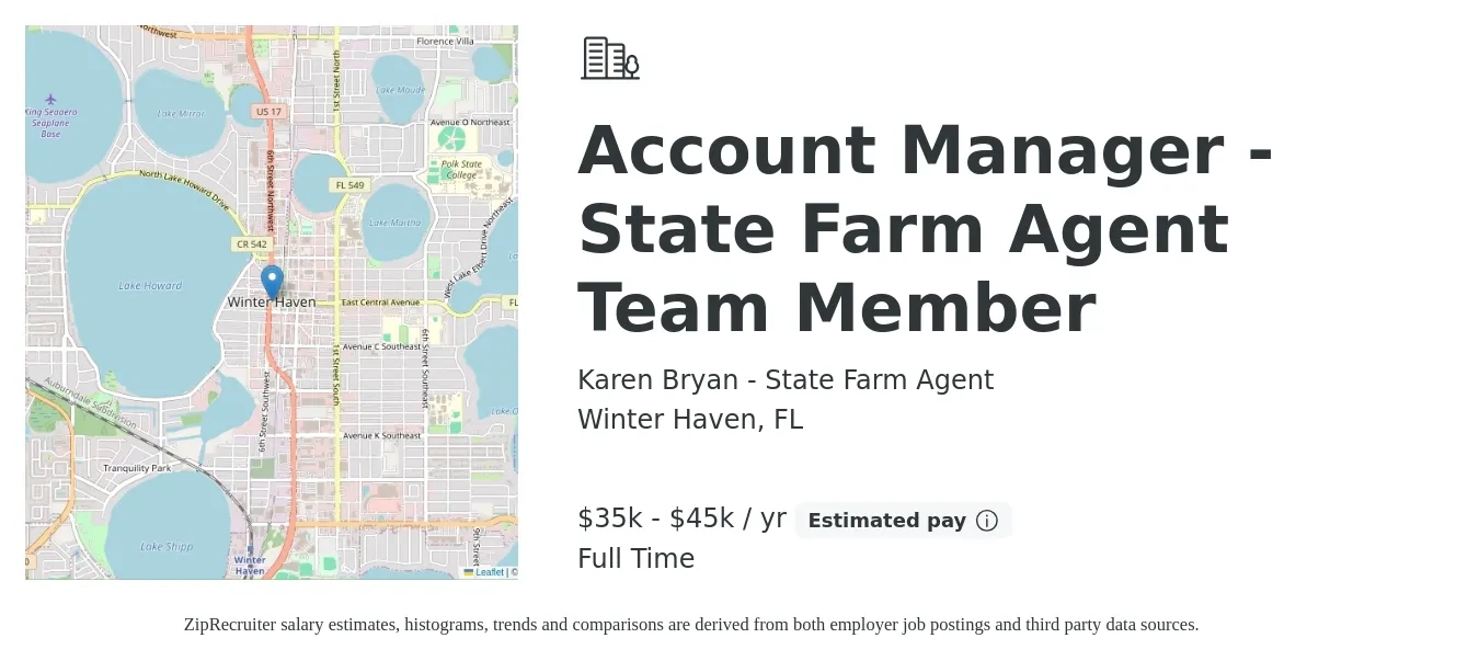 Karen Bryan - State Farm Agent job posting for a Account Manager - State Farm Agent Team Member in Winter Haven, FL with a salary of $35,000 to $45,000 Yearly with a map of Winter Haven location.