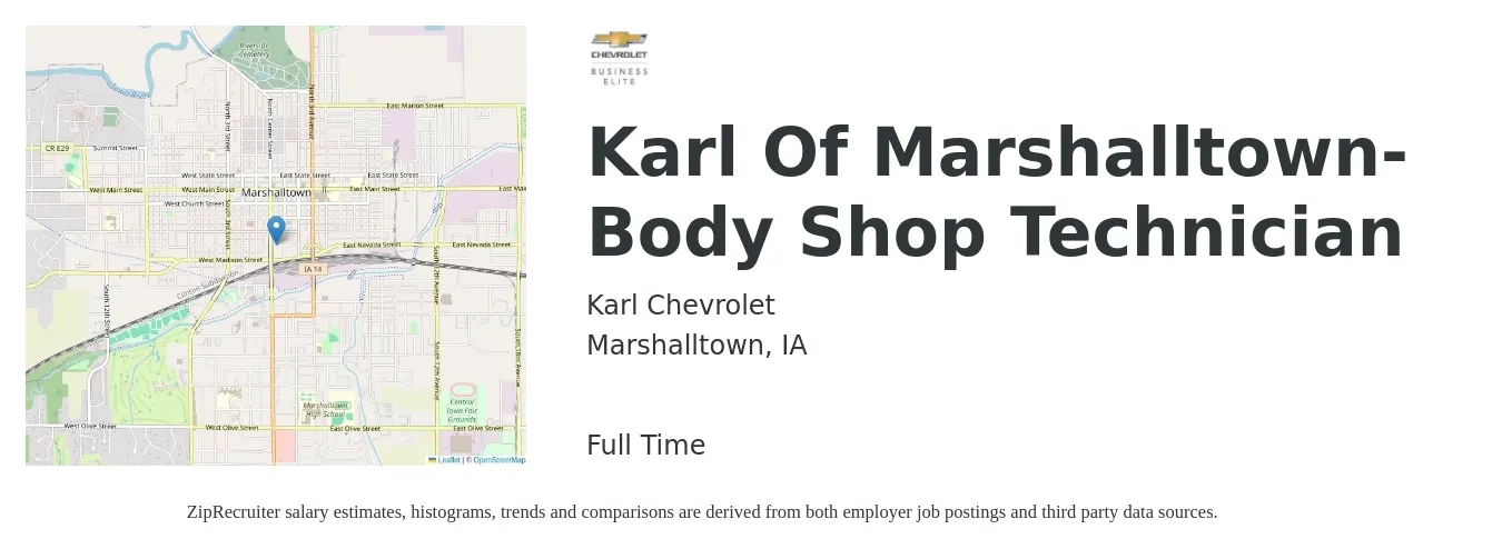 Karl Chevrolet job posting for a Karl Of Marshalltown- Body Shop Technician in Marshalltown, IA with a salary of $19 to $31 Hourly with a map of Marshalltown location.