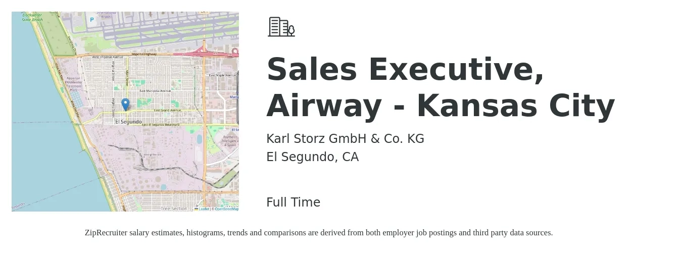 Karl Storz GmbH & Co. KG job posting for a Sales Executive, Airway - Kansas City in El Segundo, CA with a salary of $74,600 to $101,700 Yearly with a map of El Segundo location.