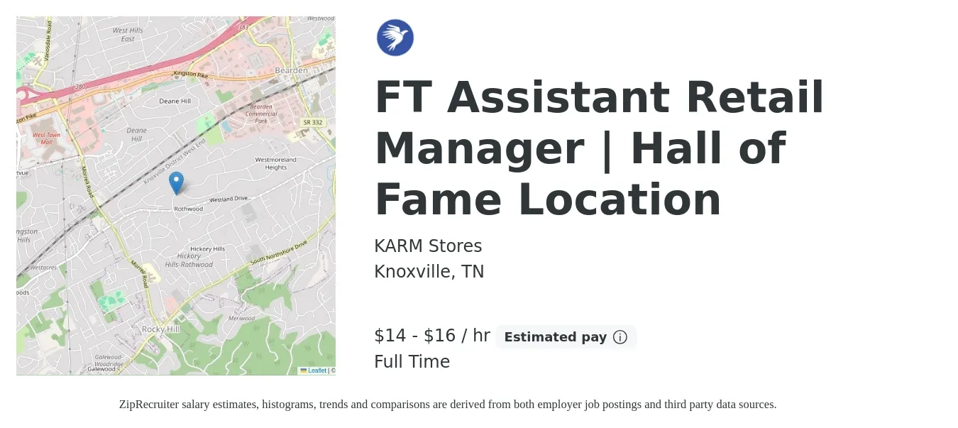 KARM Stores job posting for a FT Assistant Retail Manager | Hall of Fame Location in Knoxville, TN with a salary of $15 to $17 Hourly with a map of Knoxville location.