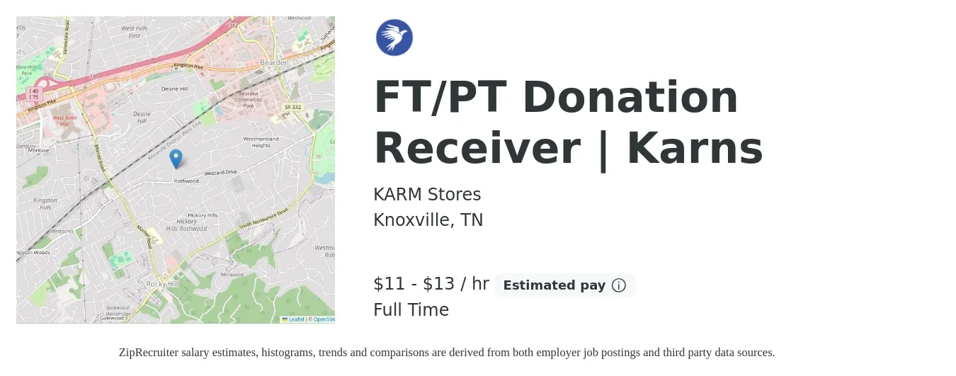 KARM Stores job posting for a FT/PT Donation Receiver | Karns in Knoxville, TN with a salary of $12 to $14 Hourly with a map of Knoxville location.