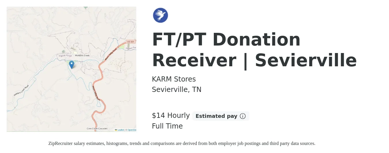 KARM Stores job posting for a FT/PT Donation Receiver | Sevierville in Sevierville, TN with a salary of $15 Hourly with a map of Sevierville location.