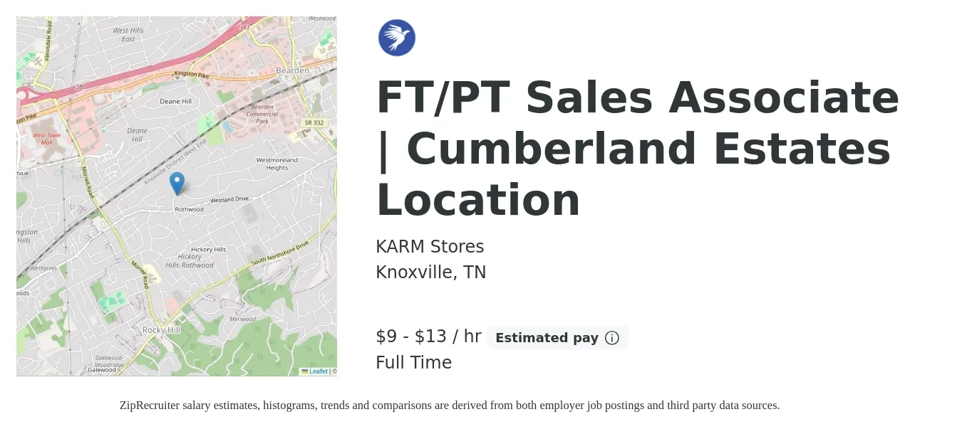 KARM Stores job posting for a FT/PT Sales Associate | Cumberland Estates Location in Knoxville, TN with a salary of $10 to $14 Hourly with a map of Knoxville location.