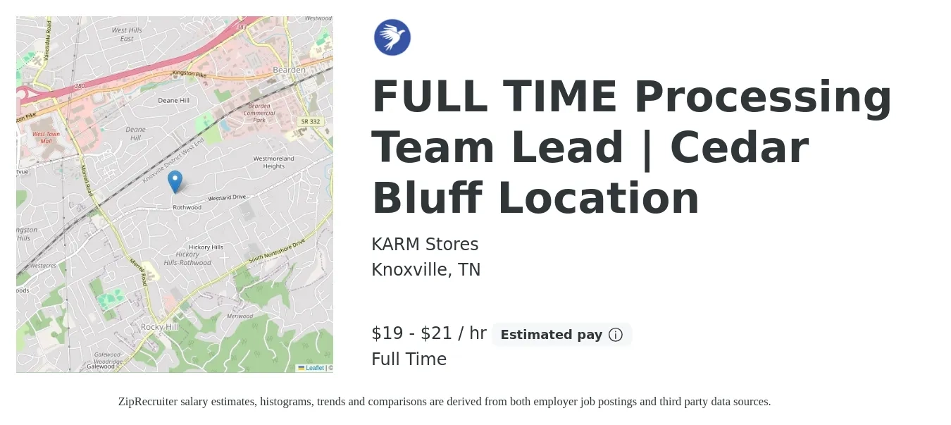 KARM Stores job posting for a FULL TIME Processing Team Lead | Cedar Bluff Location in Knoxville, TN with a salary of $20 to $22 Hourly with a map of Knoxville location.