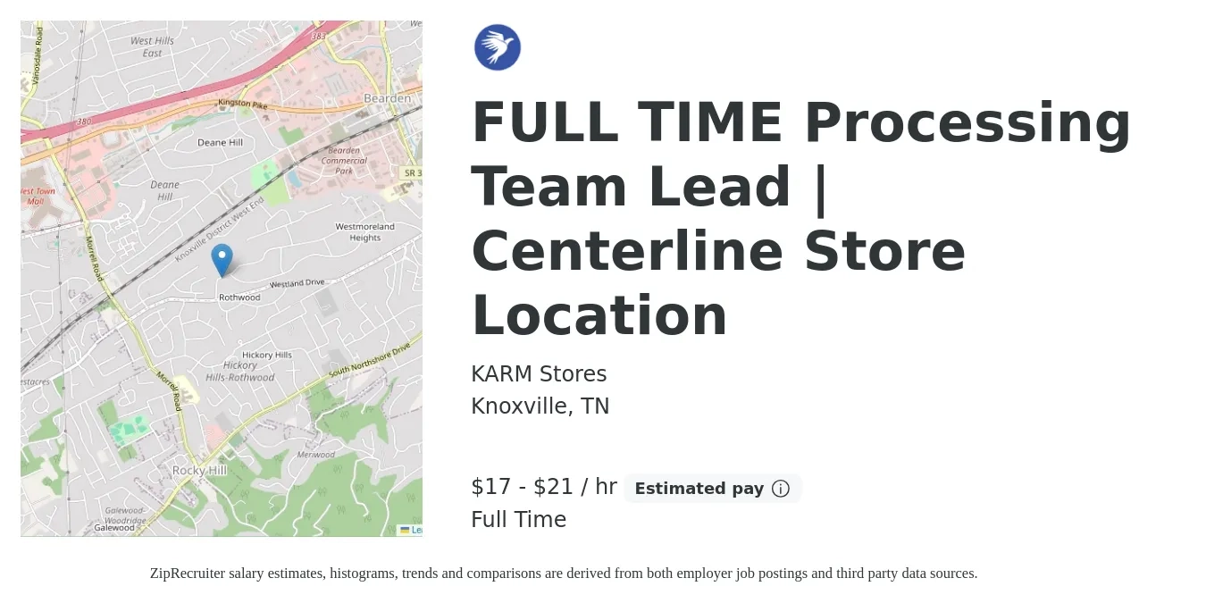 KARM Stores job posting for a FULL TIME Processing Team Lead | Centerline Store Location in Knoxville, TN with a salary of $18 to $22 Hourly with a map of Knoxville location.