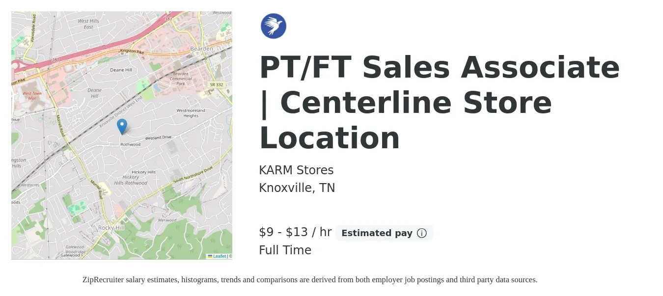 KARM Stores job posting for a PT/FT Sales Associate | Centerline Store Location in Knoxville, TN with a salary of $10 to $14 Hourly with a map of Knoxville location.