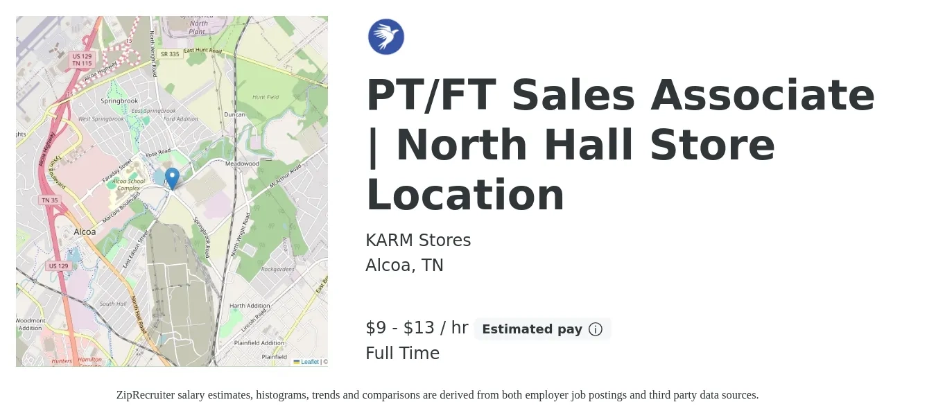 KARM Stores job posting for a PT/FT Sales Associate | North Hall Store Location in Alcoa, TN with a salary of $10 to $14 Hourly with a map of Alcoa location.