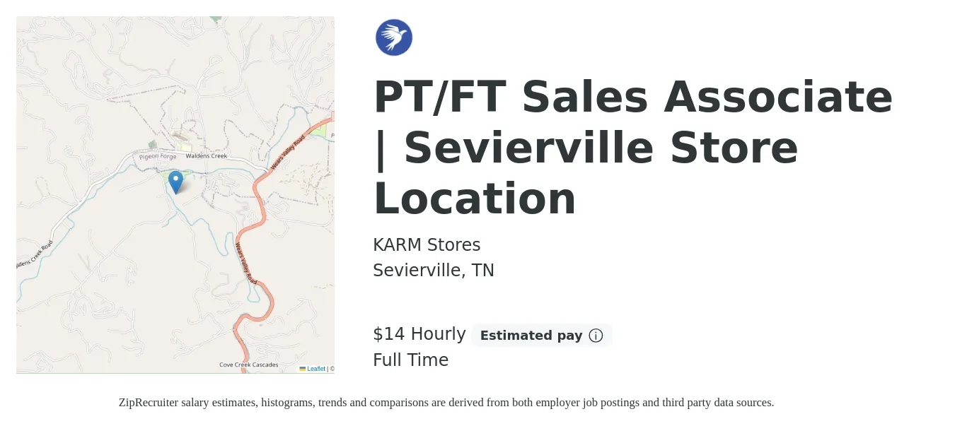 KARM Stores job posting for a PT/FT Sales Associate | Sevierville Store Location in Sevierville, TN with a salary of $10 to $14 Hourly with a map of Sevierville location.