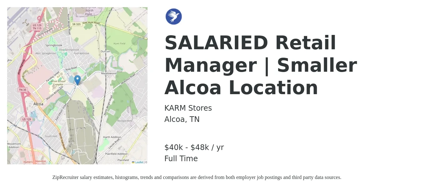 KARM Stores job posting for a SALARIED Retail Manager | Smaller Alcoa Location in Alcoa, TN with a salary of $40,000 to $48,000 Yearly with a map of Alcoa location.