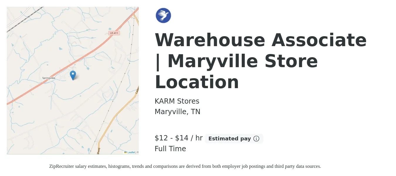 KARM Stores job posting for a Warehouse Associate | Maryville Store Location in Maryville, TN with a salary of $14 to $15 Hourly with a map of Maryville location.