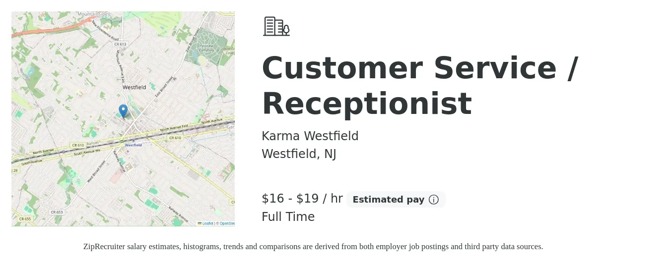 Karma Westfield job posting for a Customer Service / Receptionist in Westfield, NJ with a salary of $17 to $20 Hourly with a map of Westfield location.