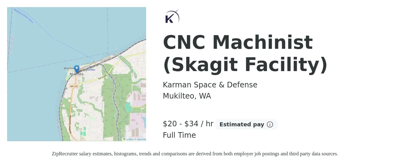 Karman Space & Defense job posting for a CNC Machinist (Skagit Facility) in Mukilteo, WA with a salary of $21 to $36 Hourly with a map of Mukilteo location.