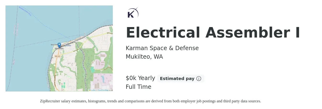 Karman Space & Defense job posting for a Electrical Assembler I in Mukilteo, WA with a salary of $24 to $31 Yearly with a map of Mukilteo location.
