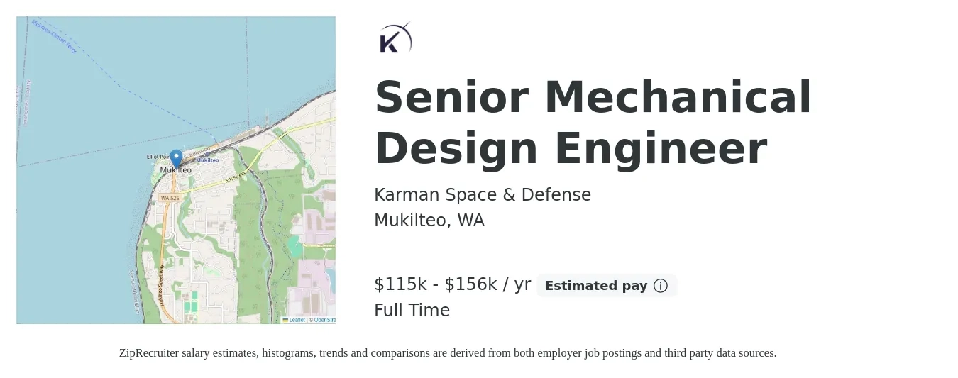 Karman Space & Defense job posting for a Senior Mechanical Design Engineer in Mukilteo, WA with a salary of $115,000 to $156,000 Yearly with a map of Mukilteo location.