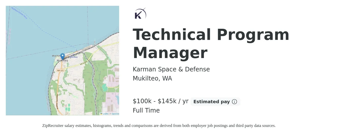 Karman Space & Defense job posting for a Technical Program Manager in Mukilteo, WA with a salary of $100,000 to $145,600 Yearly with a map of Mukilteo location.
