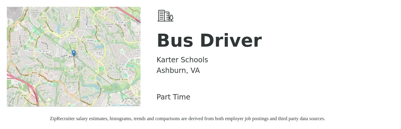 Karter Schools job posting for a Bus Driver in Ashburn, VA with a salary of $18 to $24 Hourly with a map of Ashburn location.