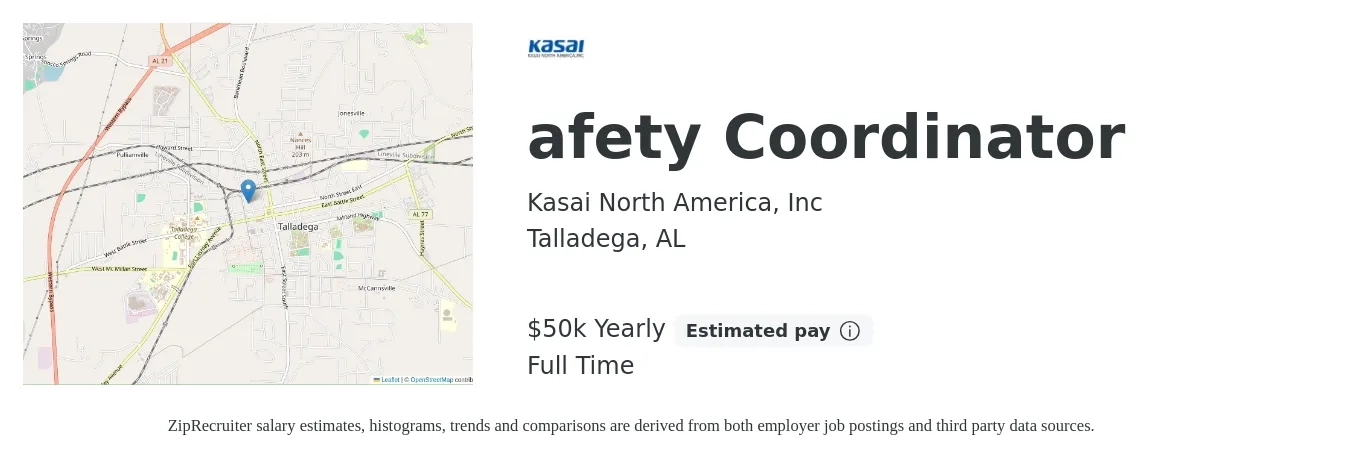 Kasai North America, Inc job posting for a afety Coordinator in Talladega, AL with a salary of $50,000 Yearly with a map of Talladega location.