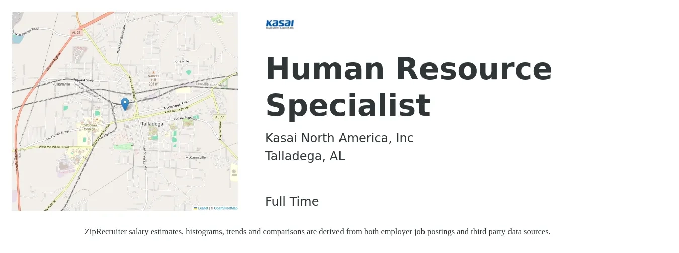 Kasai North America, Inc job posting for a Human Resource Specialist in Talladega, AL with a salary of $45,000 to $47,500 Yearly with a map of Talladega location.