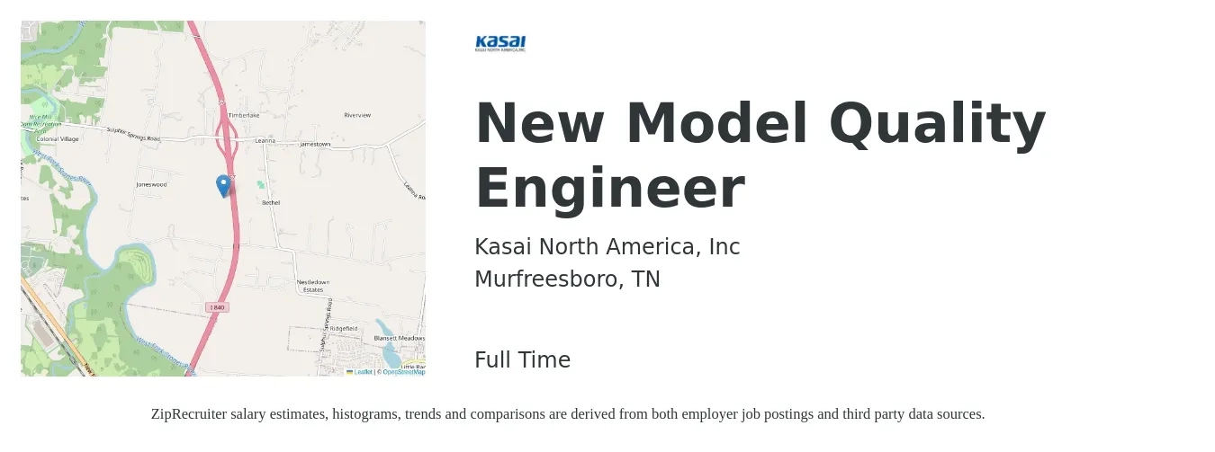 Kasai North America, Inc job posting for a New Model Quality Engineer in Murfreesboro, TN with a salary of $64,900 to $83,800 Yearly with a map of Murfreesboro location.