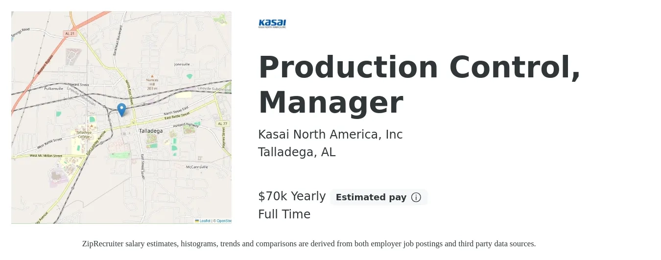Kasai North America, Inc job posting for a Production Control, Manager in Talladega, AL with a salary of $70,000 Yearly with a map of Talladega location.