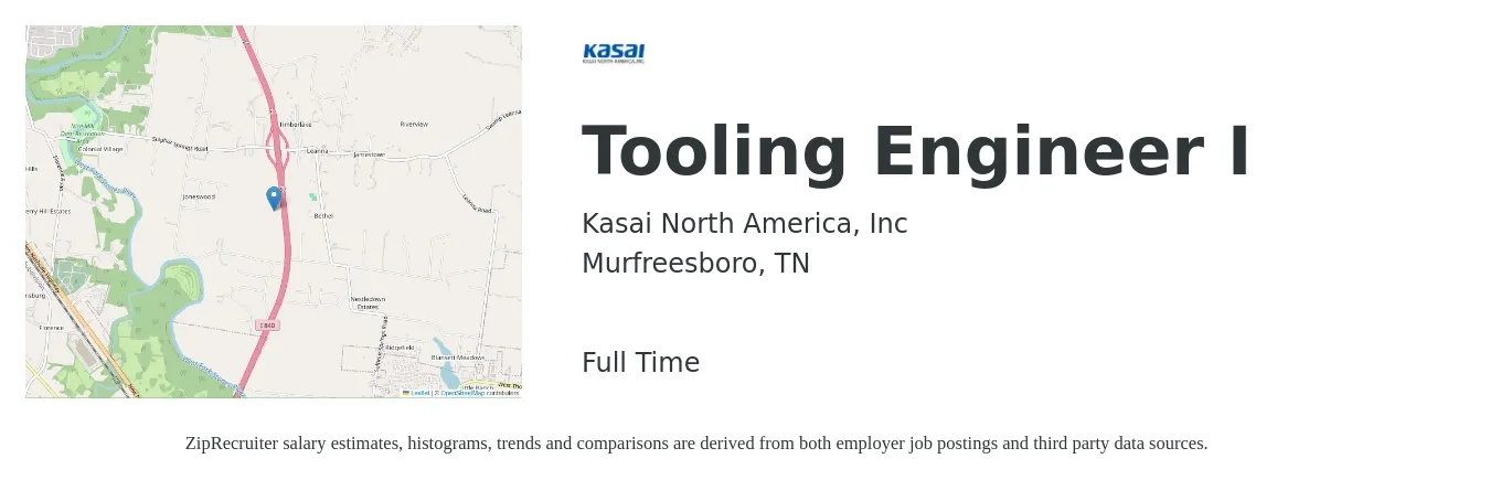 Kasai North America, Inc job posting for a Tooling Engineer I in Murfreesboro, TN with a salary of $74,800 to $110,900 Yearly with a map of Murfreesboro location.