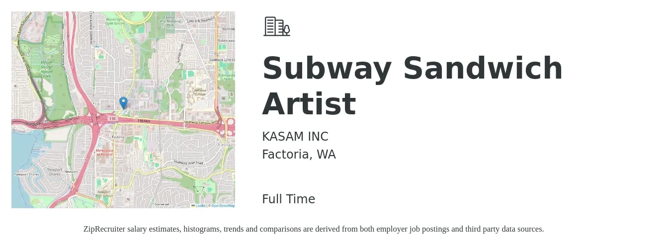 KASAM INC job posting for a Subway Sandwich Artist in Factoria, WA with a salary of $12 to $16 Hourly with a map of Factoria location.