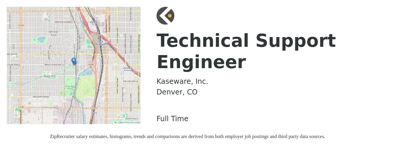 Kaseware, Inc. job posting for a Technical Support Engineer in Denver, CO with a salary of $70,000 to $80,000 Yearly with a map of Denver location.