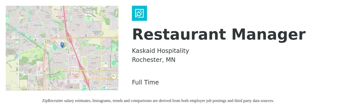 Kaskaid Hospitality job posting for a Restaurant Manager in Rochester, MN with a salary of $47,700 to $67,300 Yearly with a map of Rochester location.