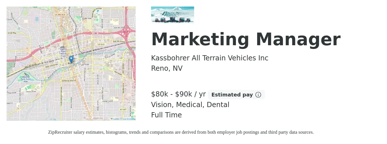 Kassbohrer All Terrain Vehicles Inc job posting for a Marketing Manager in Reno, NV with a salary of $80,000 to $90,000 Yearly and benefits including vision, dental, life_insurance, medical, pto, and retirement with a map of Reno location.