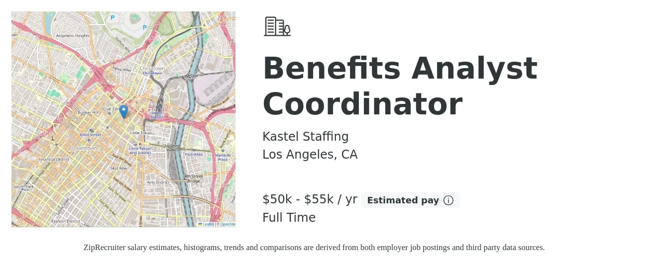 Kastel Staffing job posting for a Benefits Analyst Coordinator in Los Angeles, CA with a salary of $50,000 to $55,000 Yearly with a map of Los Angeles location.
