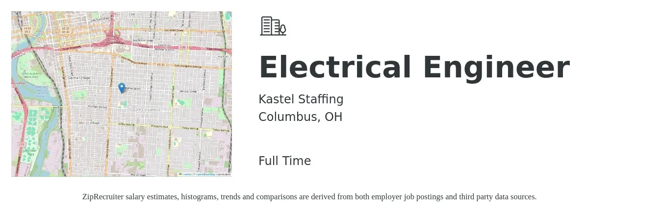 Kastel Staffing job posting for a Electrical Engineer in Columbus, OH with a salary of $80,200 to $127,500 Yearly with a map of Columbus location.