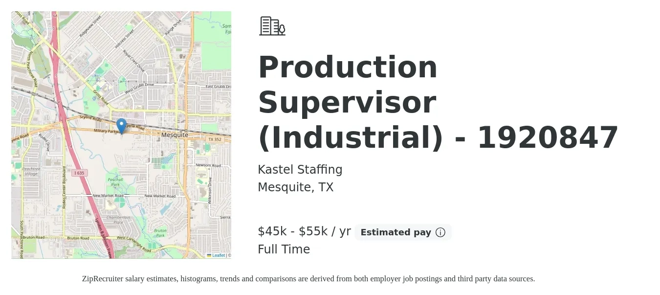 Kastel Staffing job posting for a Production Supervisor (Industrial) - 1920847 in Mesquite, TX with a salary of $45,000 to $55,000 Yearly with a map of Mesquite location.