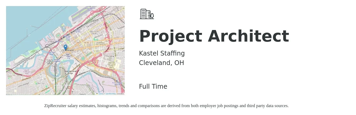 Kastel Staffing job posting for a Project Architect in Cleveland, OH with a salary of $80,500 to $107,700 Yearly with a map of Cleveland location.