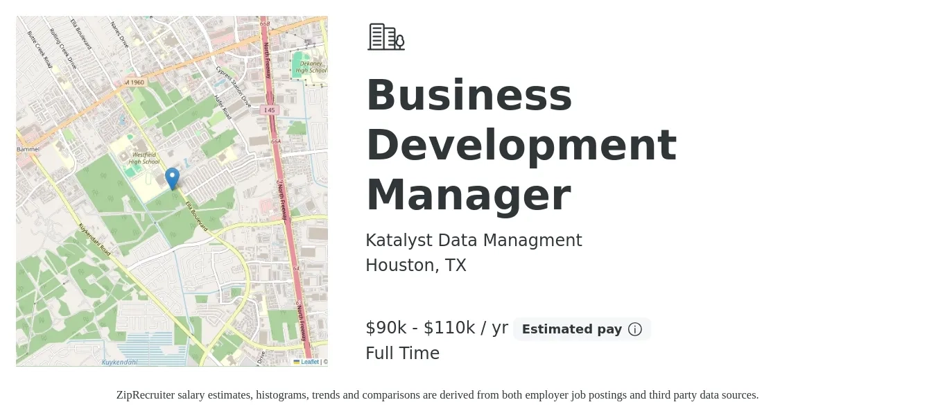 Katalyst Data Managment job posting for a Business Development Manager in Houston, TX with a salary of $90,000 to $110,000 Yearly with a map of Houston location.