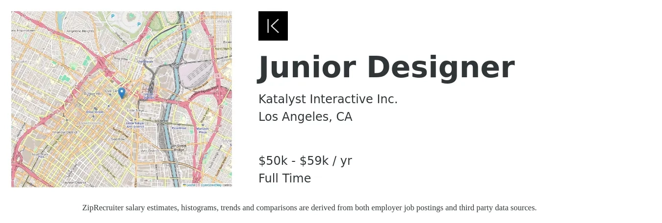 Katalyst Interactive Inc. job posting for a Junior Designer in Los Angeles, CA with a salary of $50,760 to $59,140 Yearly with a map of Los Angeles location.