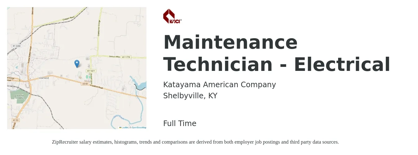 Katayama American Company Llc job posting for a Maintenance Technician - Electrical in Shelbyville, KY with a salary of $25 to $32 Hourly with a map of Shelbyville location.