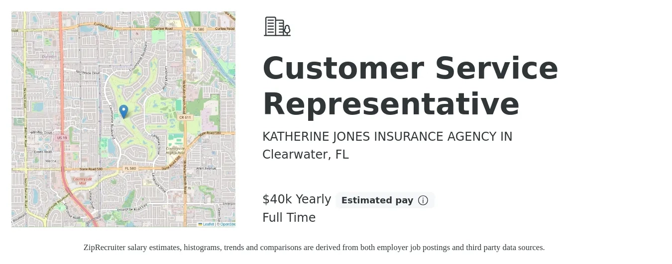 KATHERINE JONES INSURANCE AGENCY IN job posting for a Customer Service Representative in Clearwater, FL with a salary of $40,000 Yearly with a map of Clearwater location.